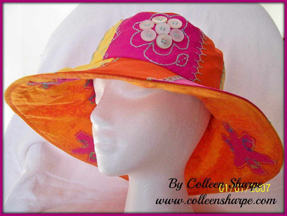 upcycled silk made into crazy patchwork sunhat decorated with embroidery and buttons